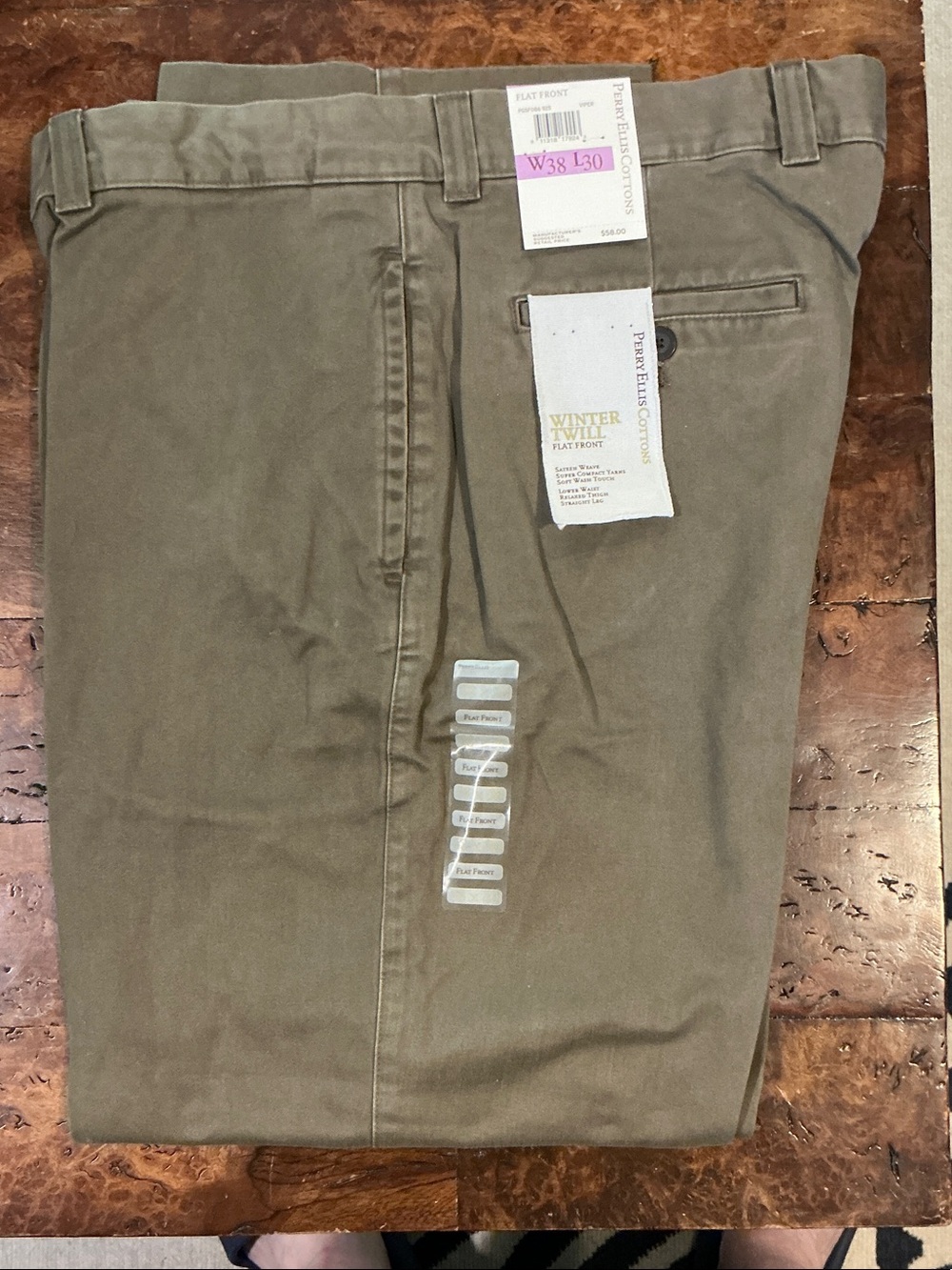 Perry Ellis Olive-Tan Flat Front Chino Pants
